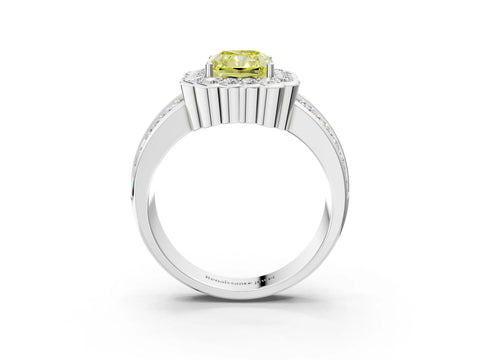 White gold Fancy Yellow Radiant Cut Halo Diamond Split Shank Ring with Scalloped Prong Setting_3