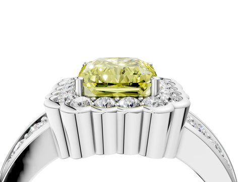 White gold Fancy Yellow Radiant Cut Halo Diamond Split Shank Ring with Scalloped Prong Setting_4