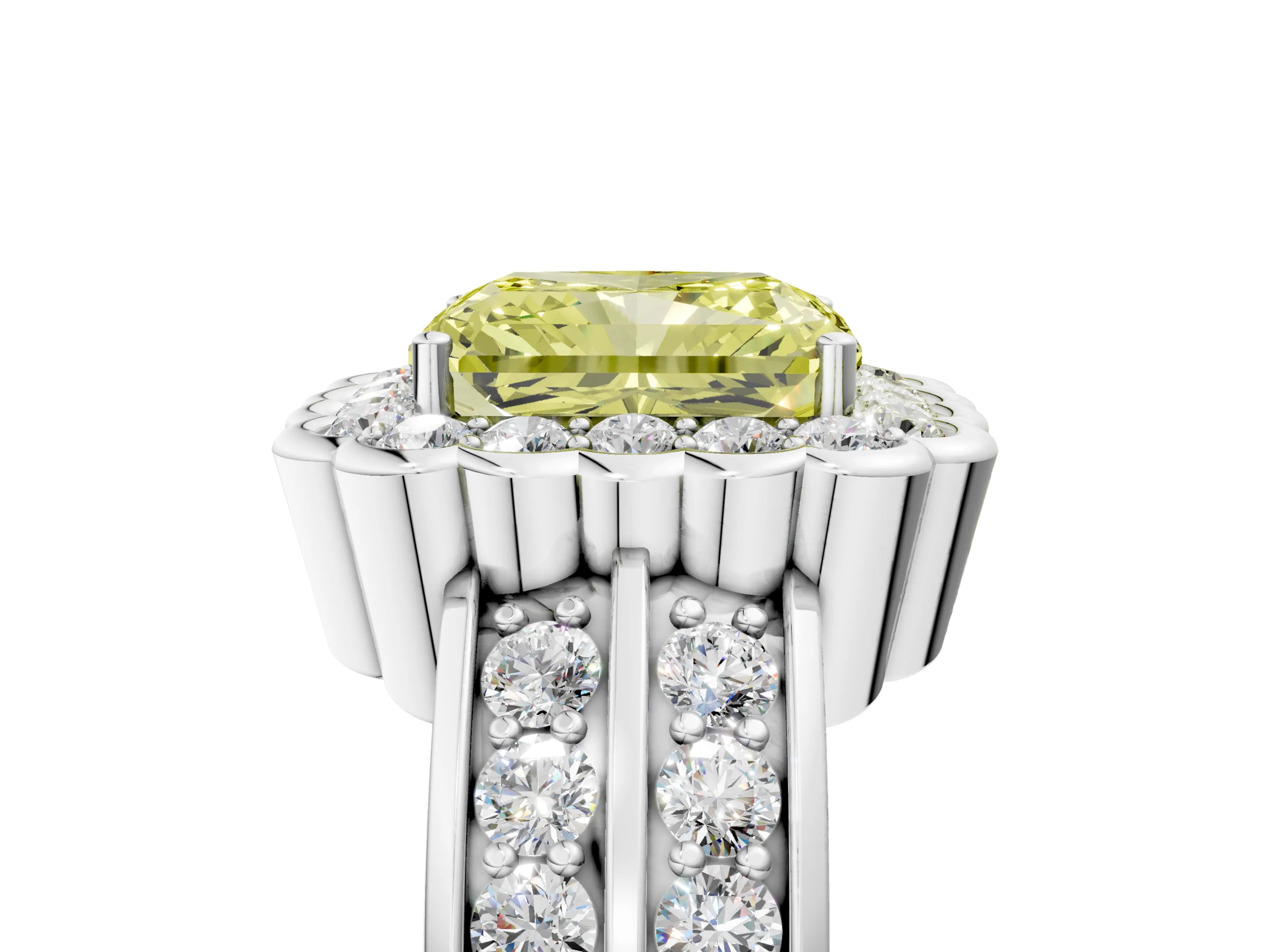 White gold Fancy Yellow Radiant Cut Halo Diamond Split Shank Ring with Scalloped Prong Setting_5
