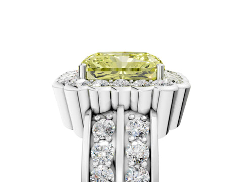 White gold Fancy Yellow Radiant Cut Halo Diamond Split Shank Ring with Scalloped Prong Setting_5
