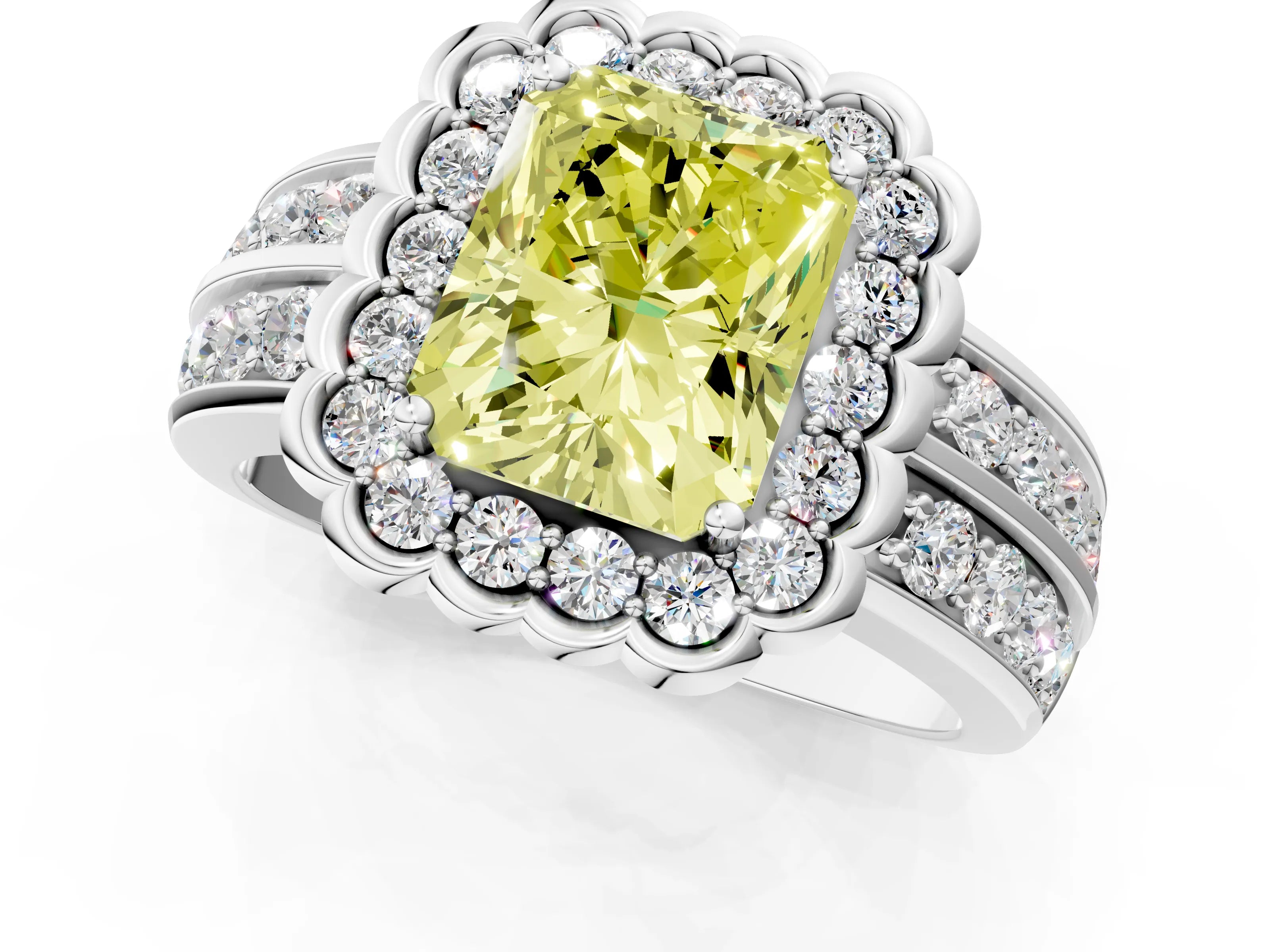 White gold Fancy Yellow Radiant Cut Halo Diamond Split Shank Ring with Scalloped Prong Setting_7