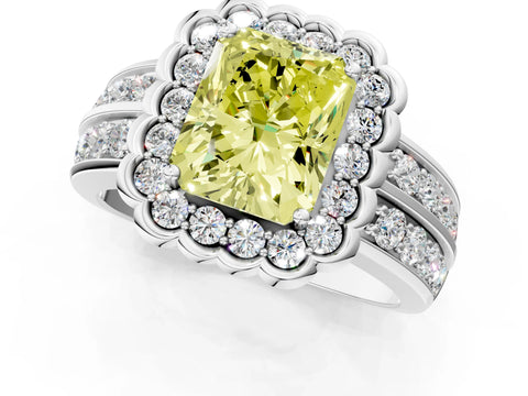 White gold Fancy Yellow Radiant Cut Halo Diamond Split Shank Ring with Scalloped Prong Setting_7
