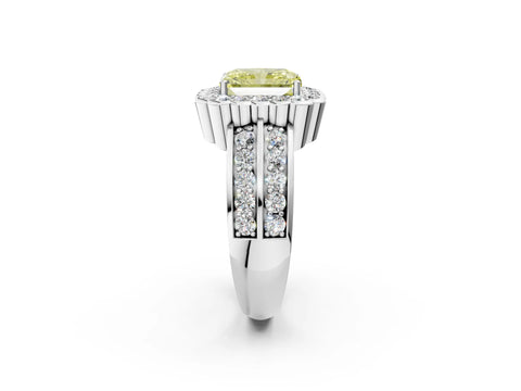 White gold Fancy Yellow Radiant Cut Halo Diamond Split Shank Ring with Scalloped Prong Setting_8