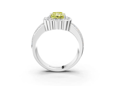 White gold Fancy Yellow Radiant Cut Halo Diamond Split Shank Ring with Scalloped Prong Setting_9