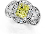 White gold Fancy Yellow Radiant Cut Halo Milgrain Diamond Engagement Ring with Leaf Band and Four-Prong Setting_1