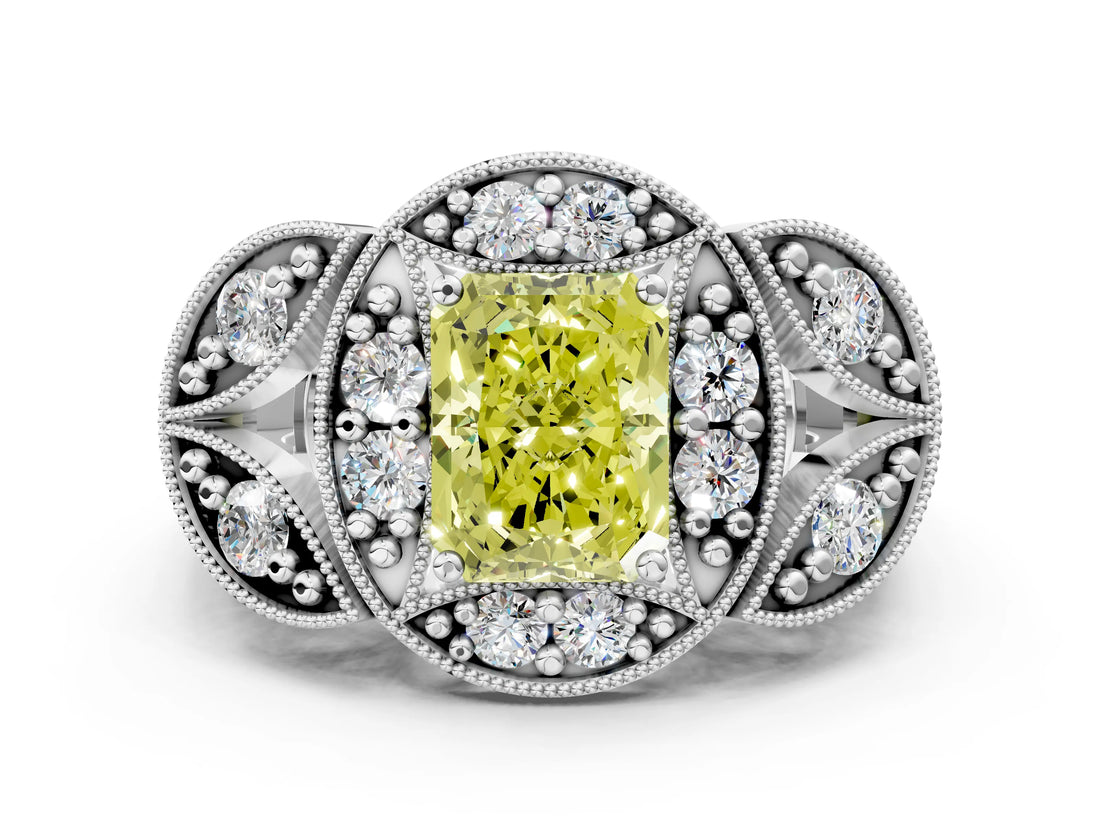 White gold Fancy Yellow Radiant Cut Halo Milgrain Diamond Engagement Ring with Leaf Band and Four-Prong Setting
