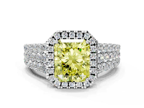White gold Fancy Yellow Radiant Cut Halo Pavé Diamond Engagement Ring with Split Shank and Four-Prong Setting_3