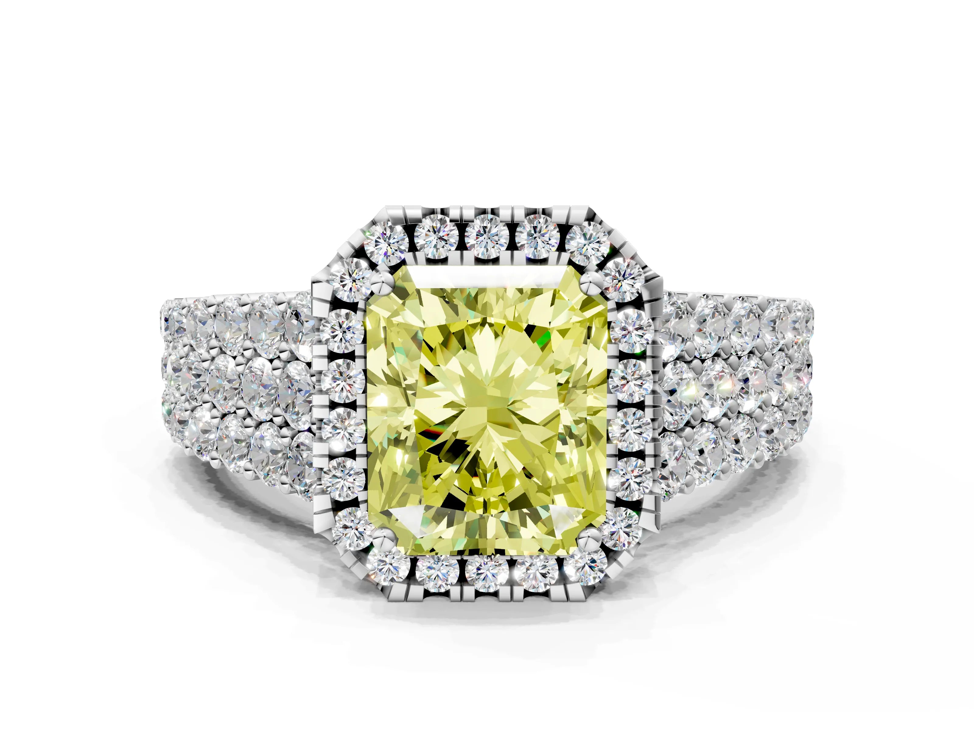 White gold Fancy Yellow Radiant Cut Halo Pavé Diamond Engagement Ring with Split Shank and Four-Prong Setting_3