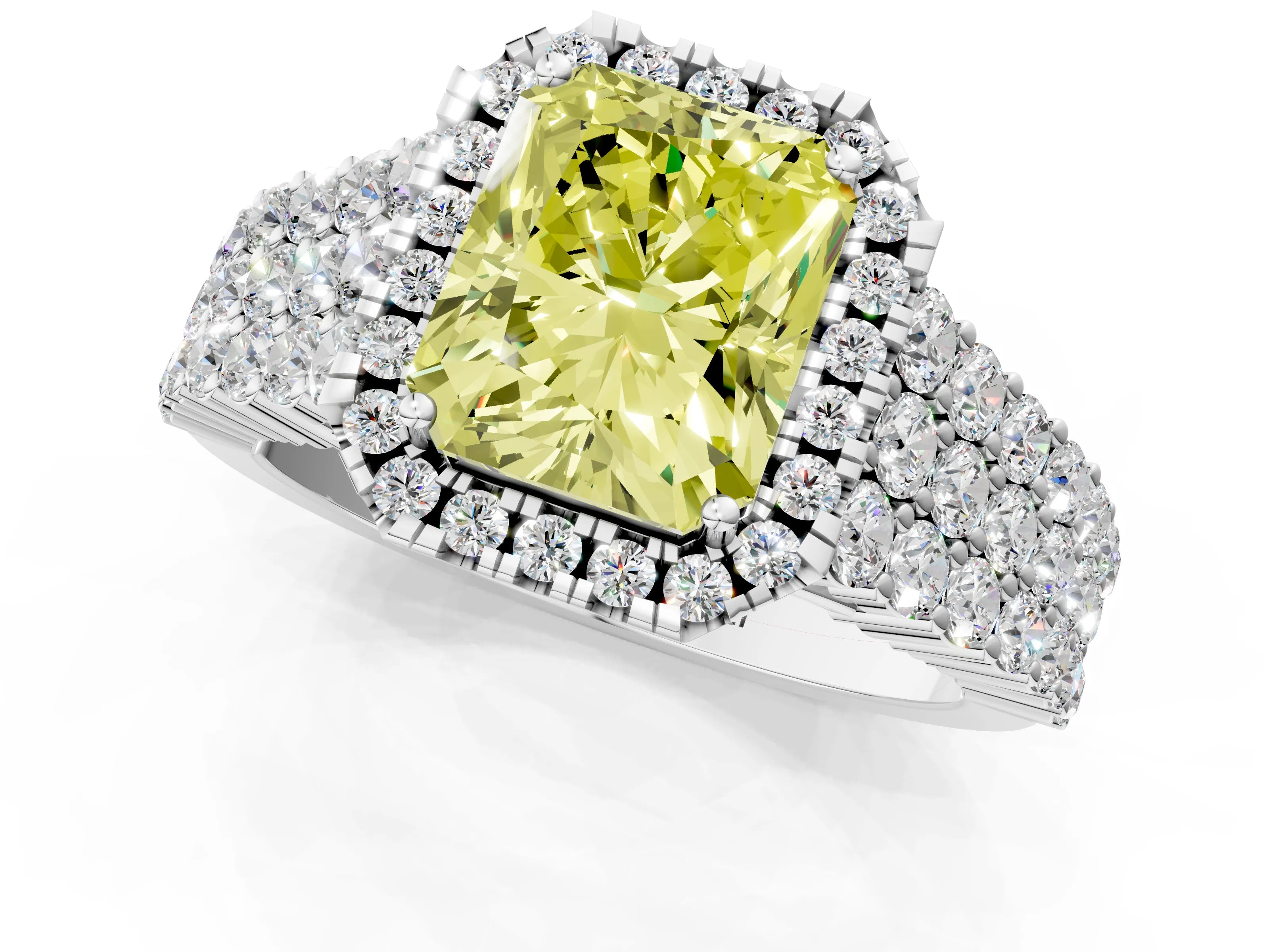 White gold Fancy Yellow Radiant Cut Halo Pavé Diamond Engagement Ring with Split Shank and Four-Prong Setting_4