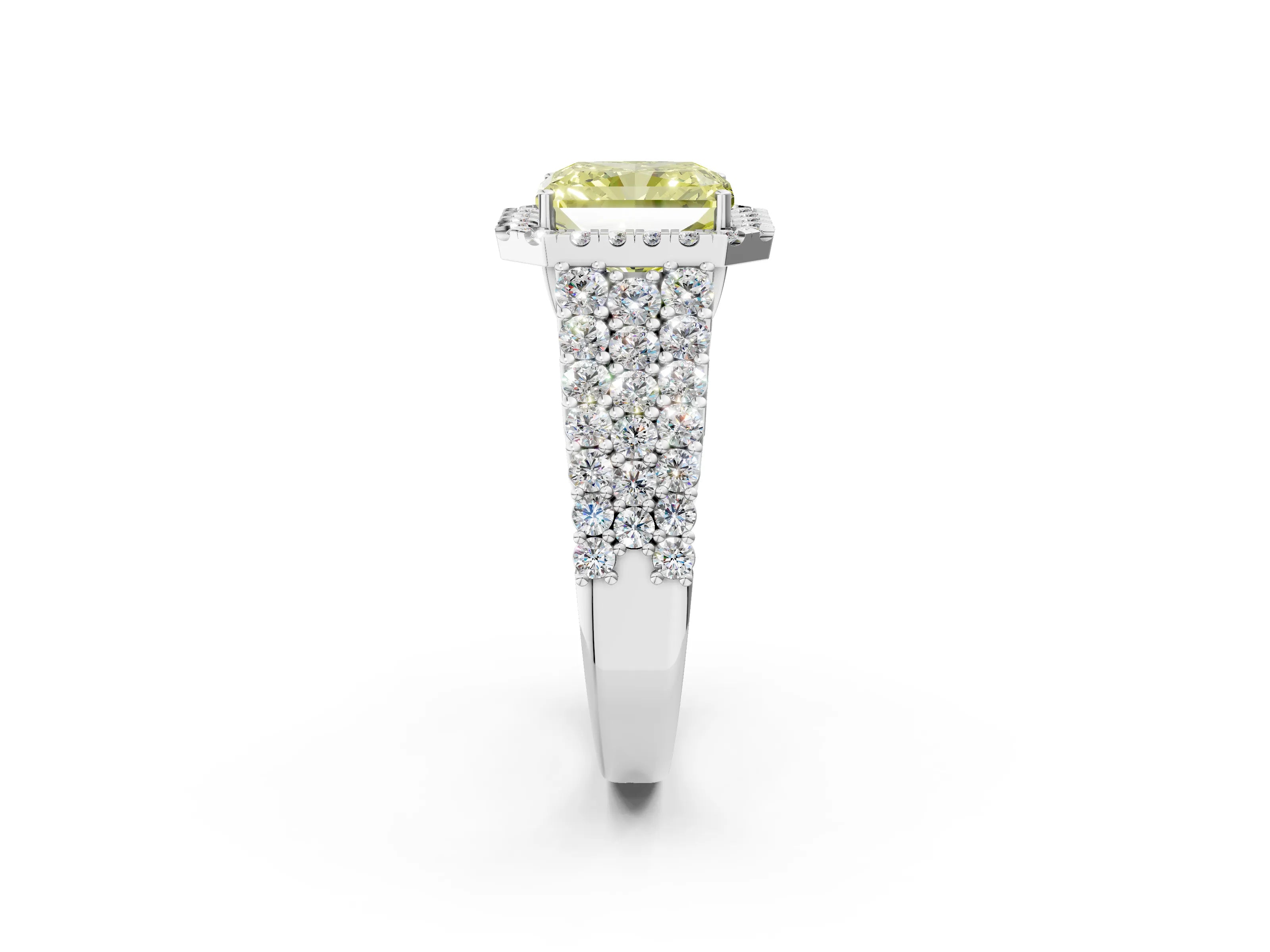 White gold Fancy Yellow Radiant Cut Halo Pavé Diamond Engagement Ring with Split Shank and Four-Prong Setting_5