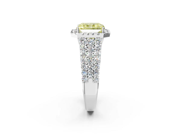 White gold Fancy Yellow Radiant Cut Halo Pavé Diamond Engagement Ring with Split Shank and Four-Prong Setting