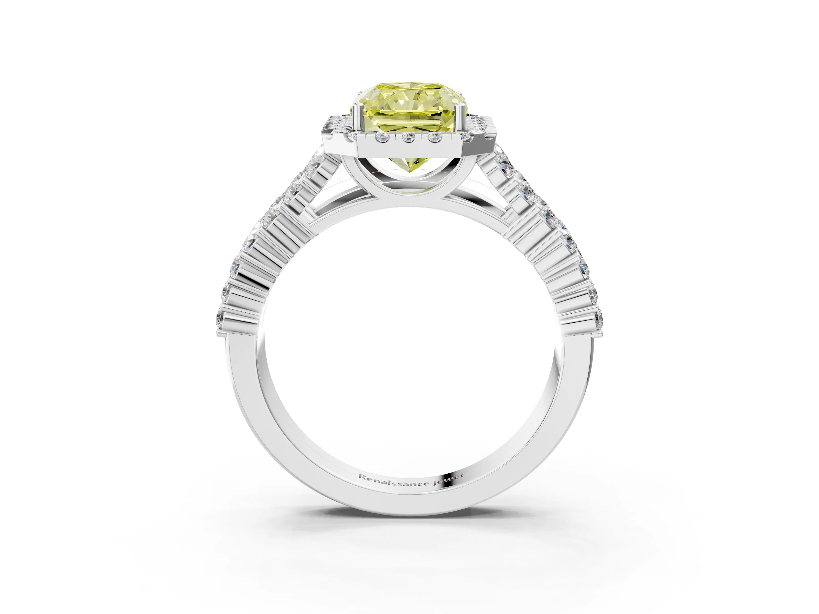 White gold Fancy Yellow Radiant Cut Halo Pavé Diamond Engagement Ring with Split Shank and Four-Prong Setting_6