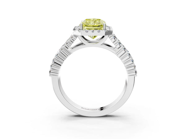 White gold Fancy Yellow Radiant Cut Halo Pavé Diamond Engagement Ring with Split Shank and Four-Prong Setting