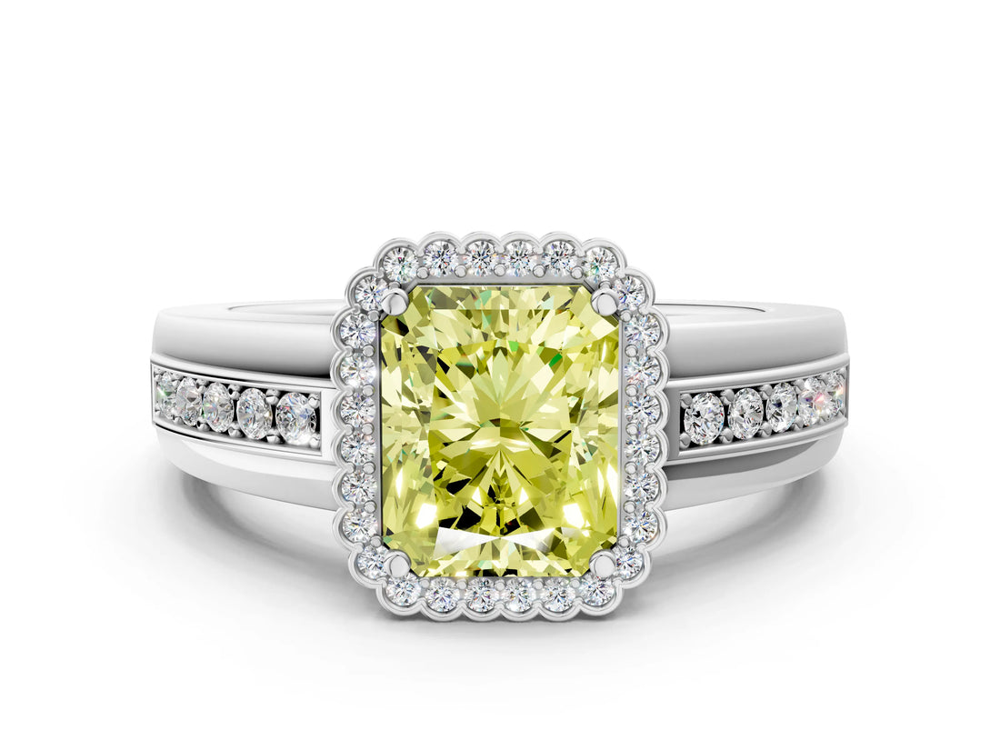 White gold Fancy Yellow Radiant  Cut Halo Pave Band Four-Prong Ring_49