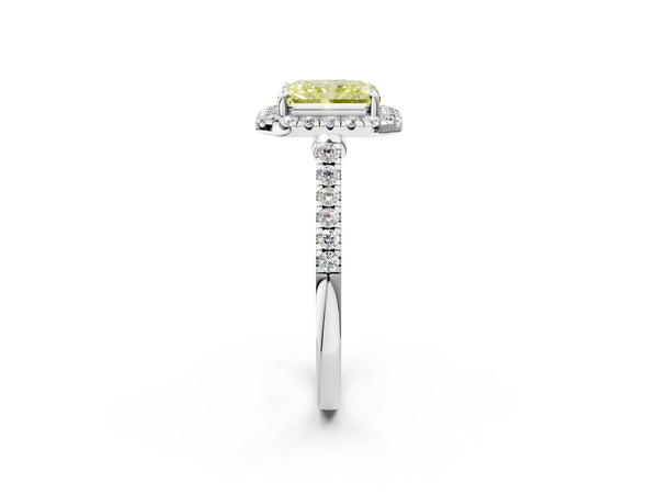White gold Fancy Yellow Radiant Cut Halo Pave Diamond Engagement Ring with Four-Prong Setting