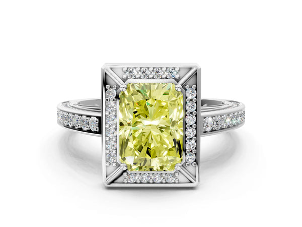 Platinum Fancy Yellow Radiant  Cut Halo Pave Split Shank Prong Setting Ring