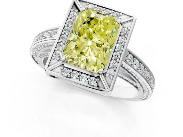 Platinum Fancy Yellow Radiant  Cut Halo Pave Split Shank Prong Setting Ring