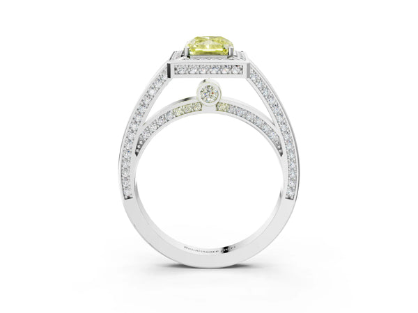 Platinum Fancy Yellow Radiant  Cut Halo Pave Split Shank Prong Setting Ring