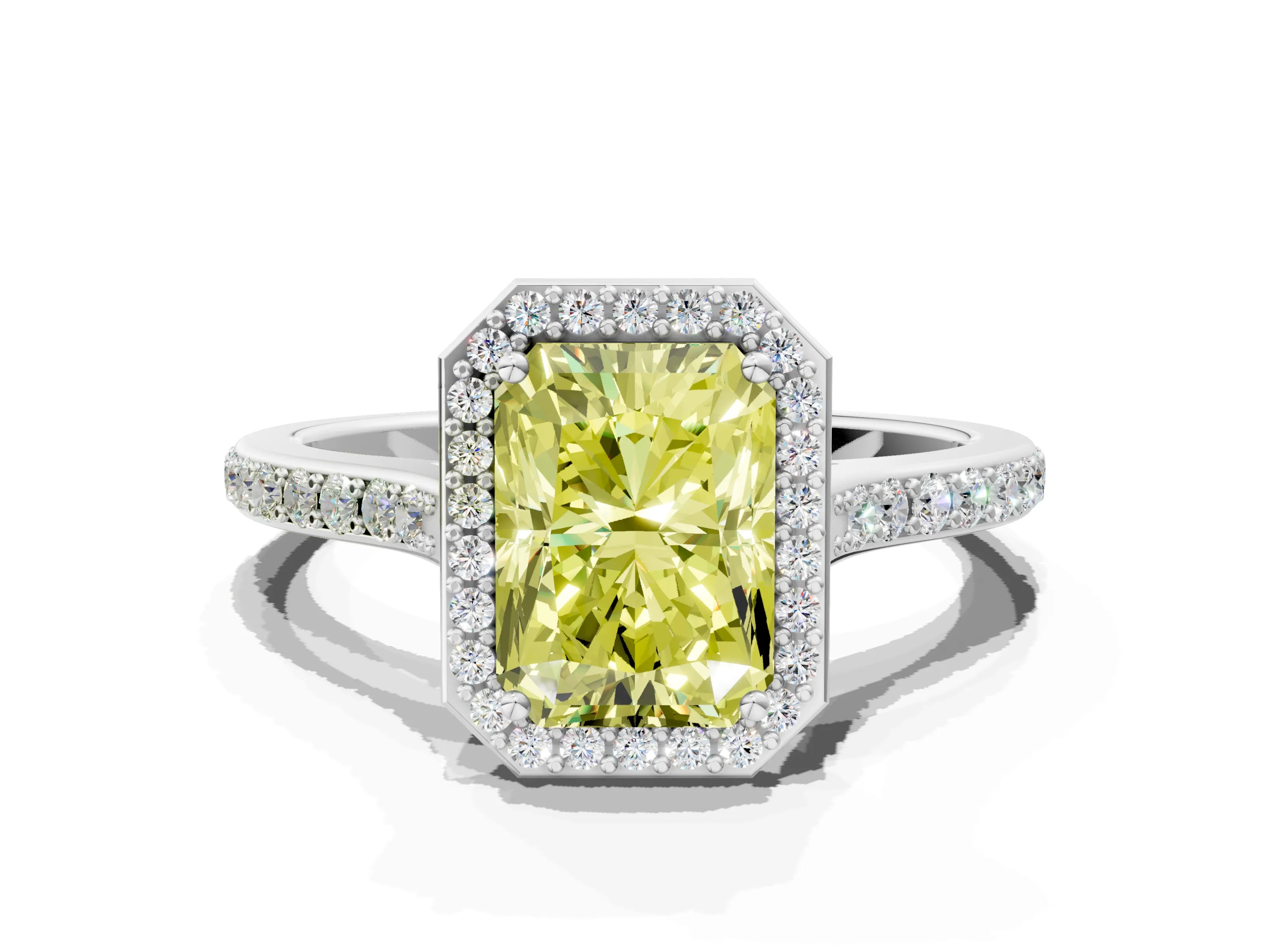 White gold Fancy Yellow Radiant Cut Halo Round Diamond Pavé Band with Four-Prong Setting_45