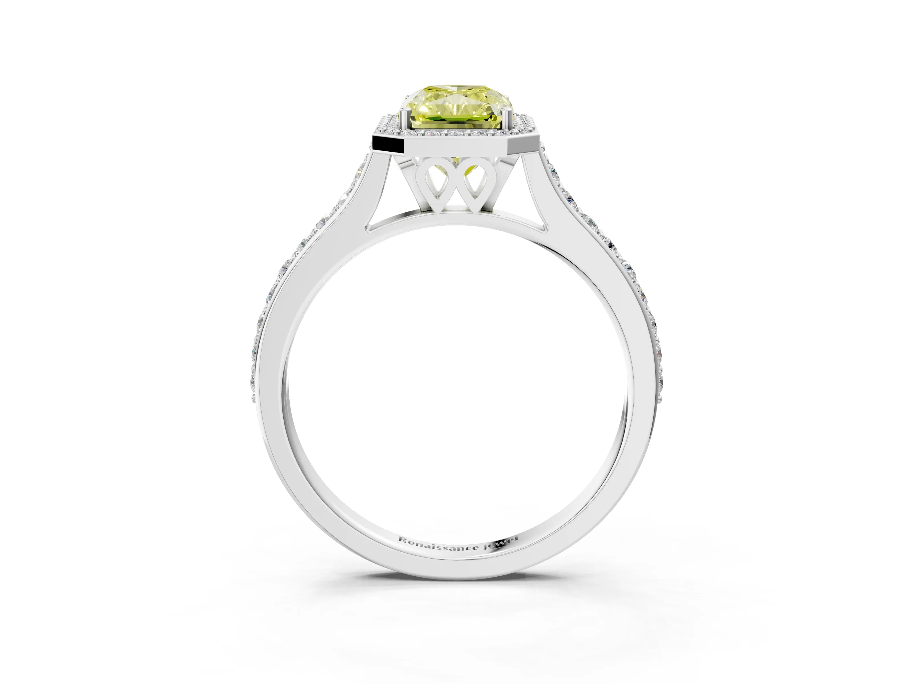 White gold Fancy Yellow Radiant Cut Halo Round Diamond Pavé Band with Four-Prong Setting_48