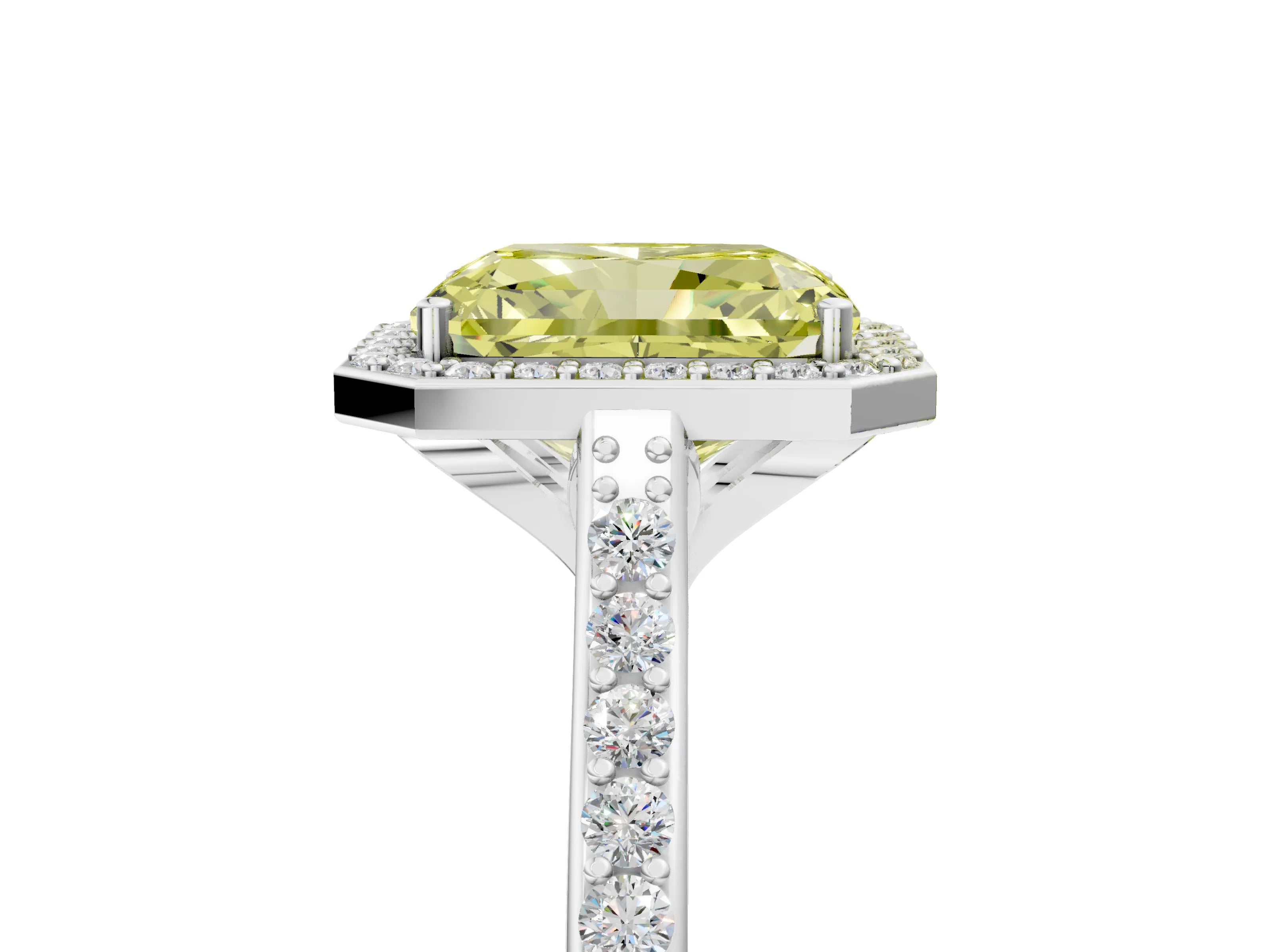 White gold Fancy Yellow Radiant Cut Halo Round Diamond Pavé Band with Four-Prong Setting_50