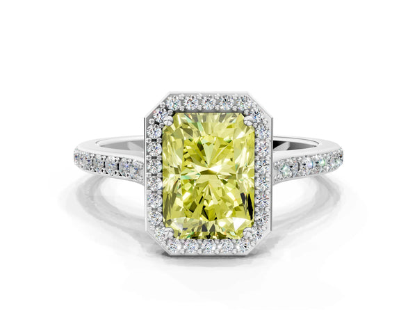 White gold Fancy Yellow Radiant Cut Halo Round Diamond Pavé Band with Four-Prong Setting