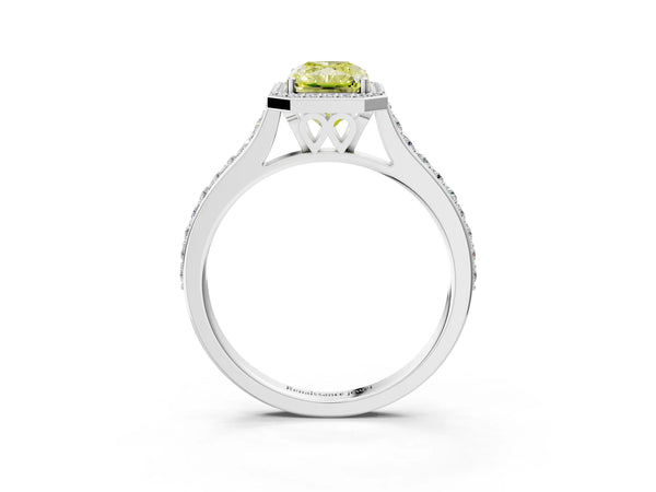 White gold Fancy Yellow Radiant Cut Halo Round Diamond Pavé Band with Four-Prong Setting