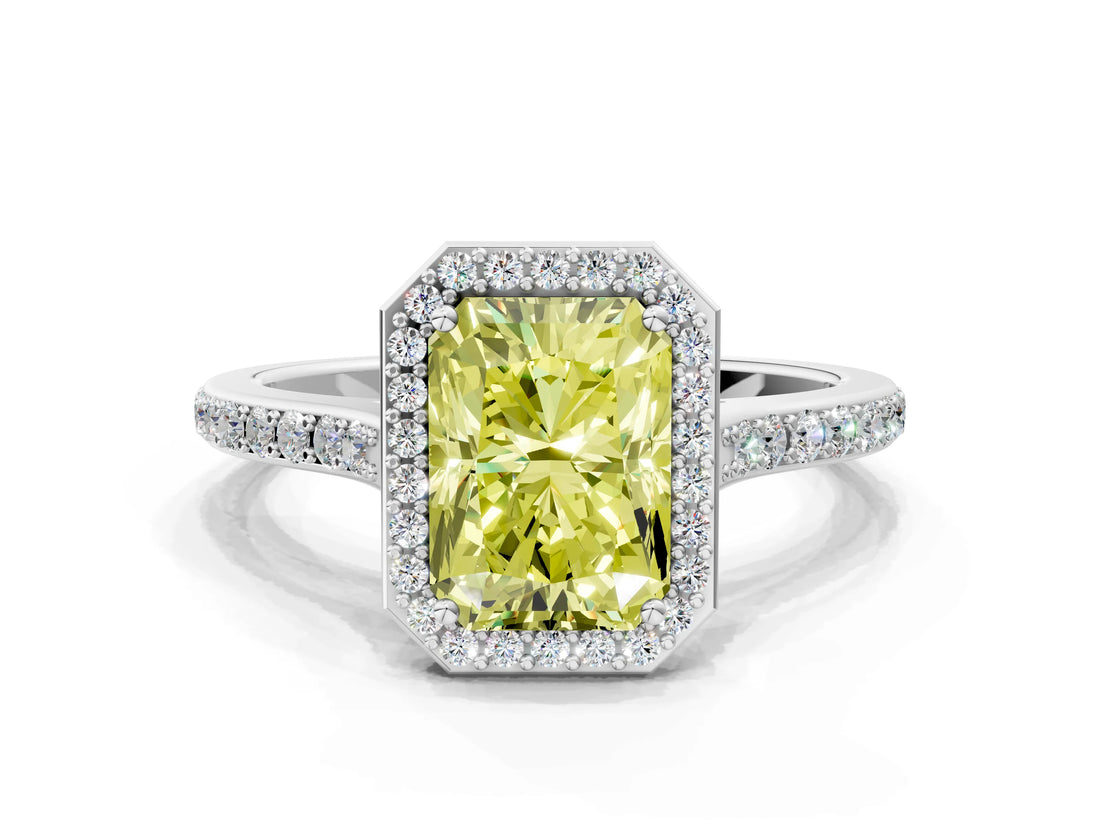 White gold Fancy Yellow Radiant Cut Halo Round Diamond Pavé Band with Four-Prong Setting_59