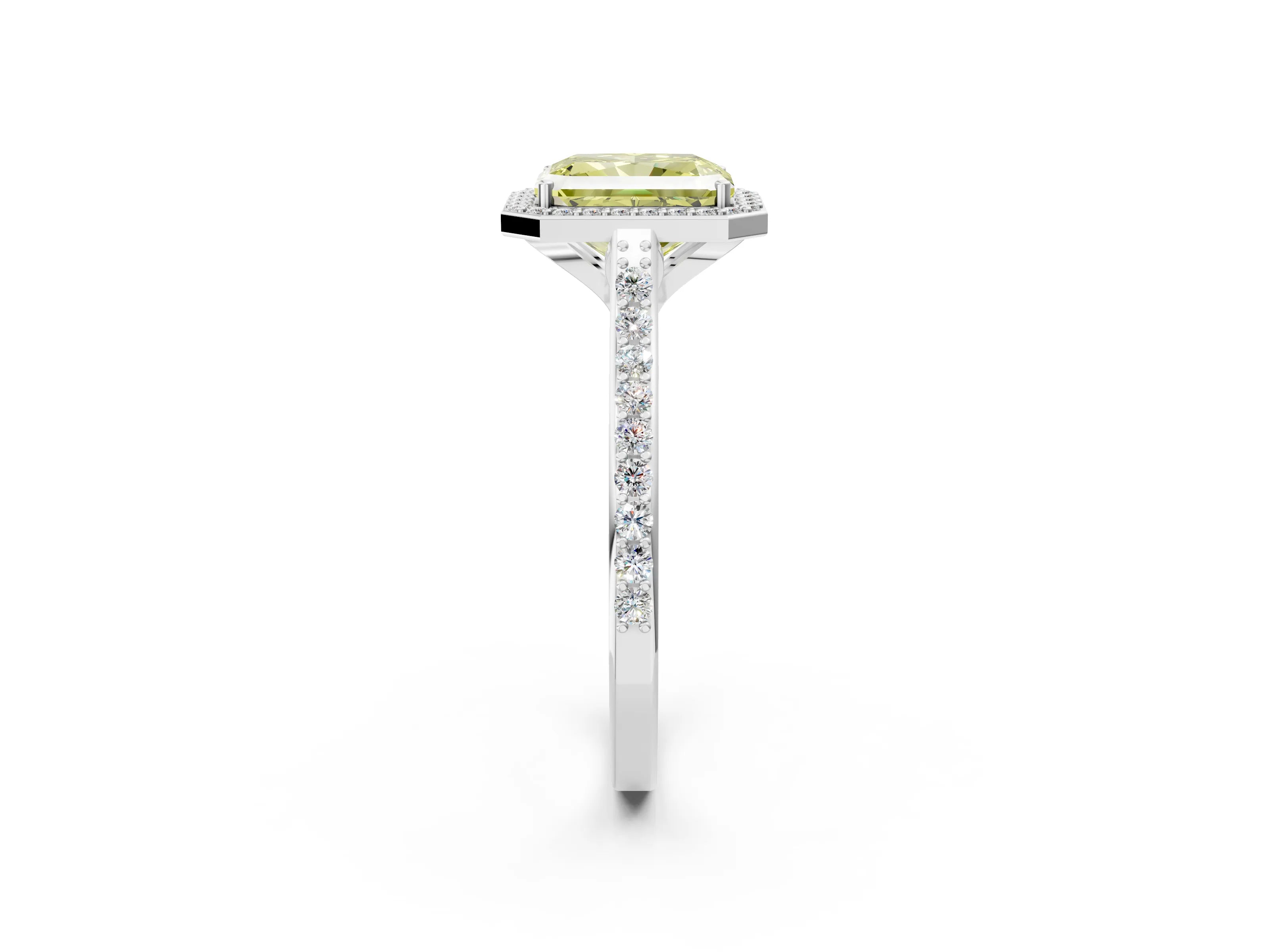 White gold Fancy Yellow Radiant Cut Halo Round Diamond Pavé Band with Four-Prong Setting_61