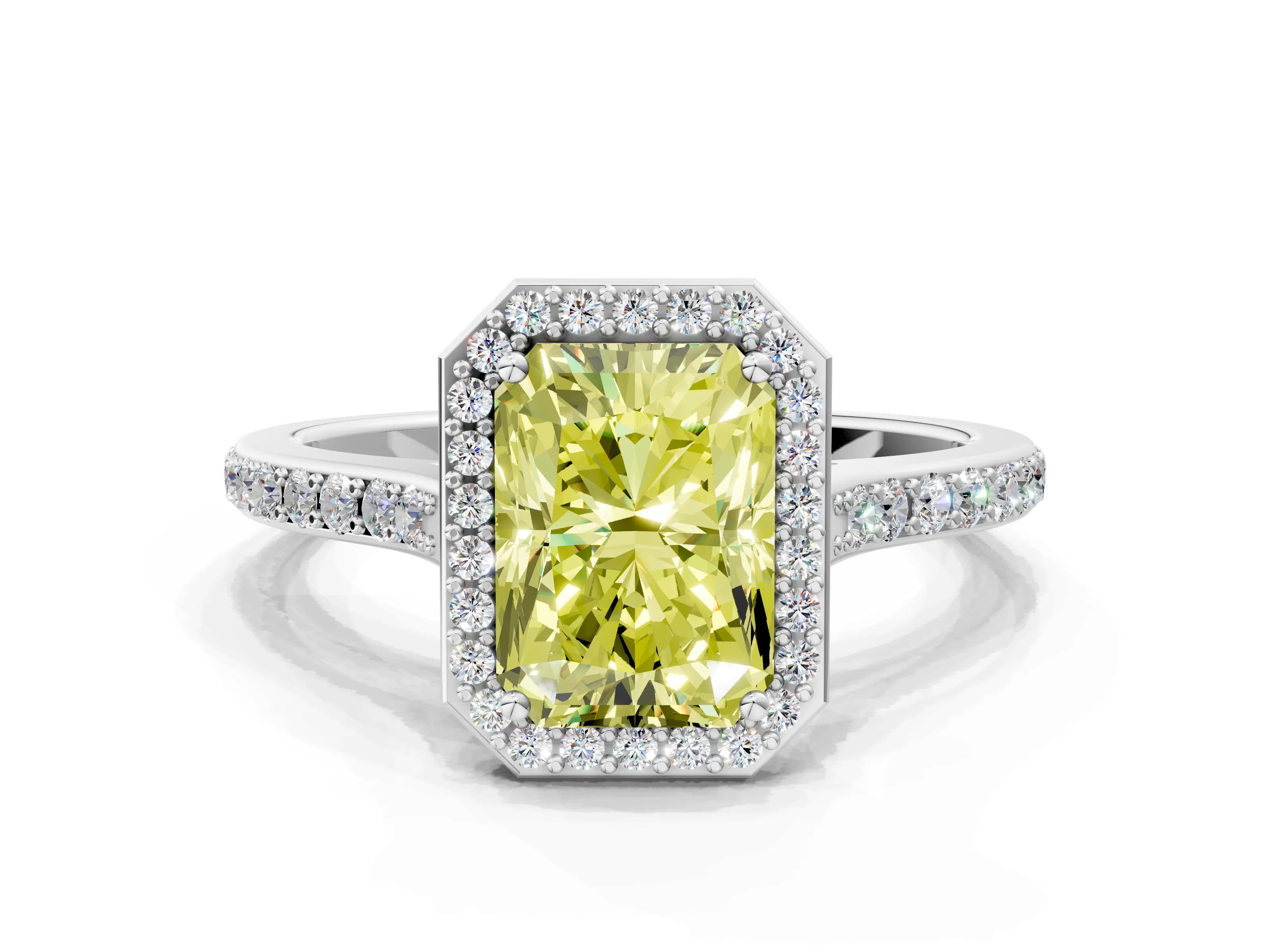 White gold Fancy Yellow Radiant Cut Halo Round Diamond Pavé Band with Four-Prong Setting_63