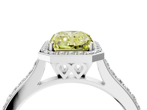 White gold Fancy Yellow Radiant Cut Halo Round Diamond Pavé Band with Four-Prong Setting_63