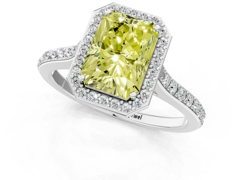 White gold Fancy Yellow Radiant Cut Halo Round Diamond Pavé Band with Four-Prong Setting_64