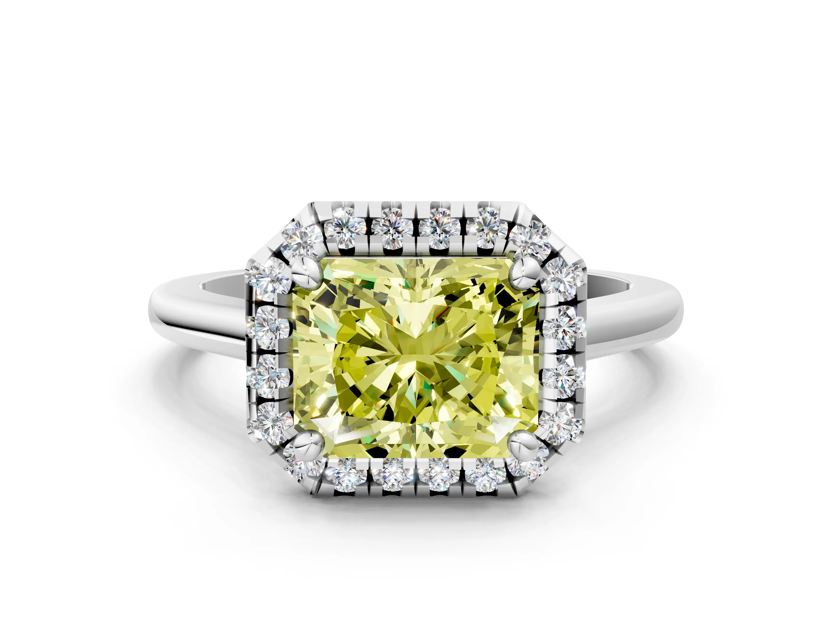 White gold Fancy Yellow Radiant Cut Halo Round Diamond Solitaire Engagement Ring with Pave Band and Four-Prong Setting_24