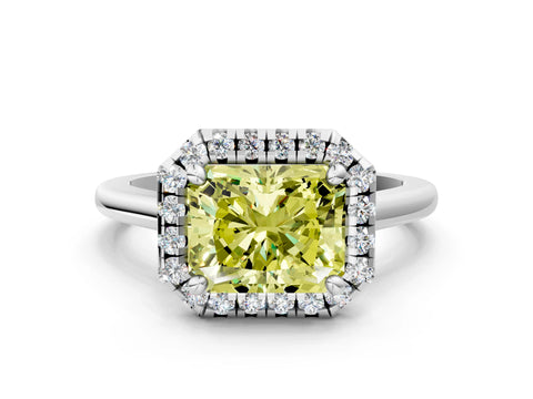 White gold Fancy Yellow Radiant Cut Halo Round Diamond Solitaire Engagement Ring with Pave Band and Four-Prong Setting_24