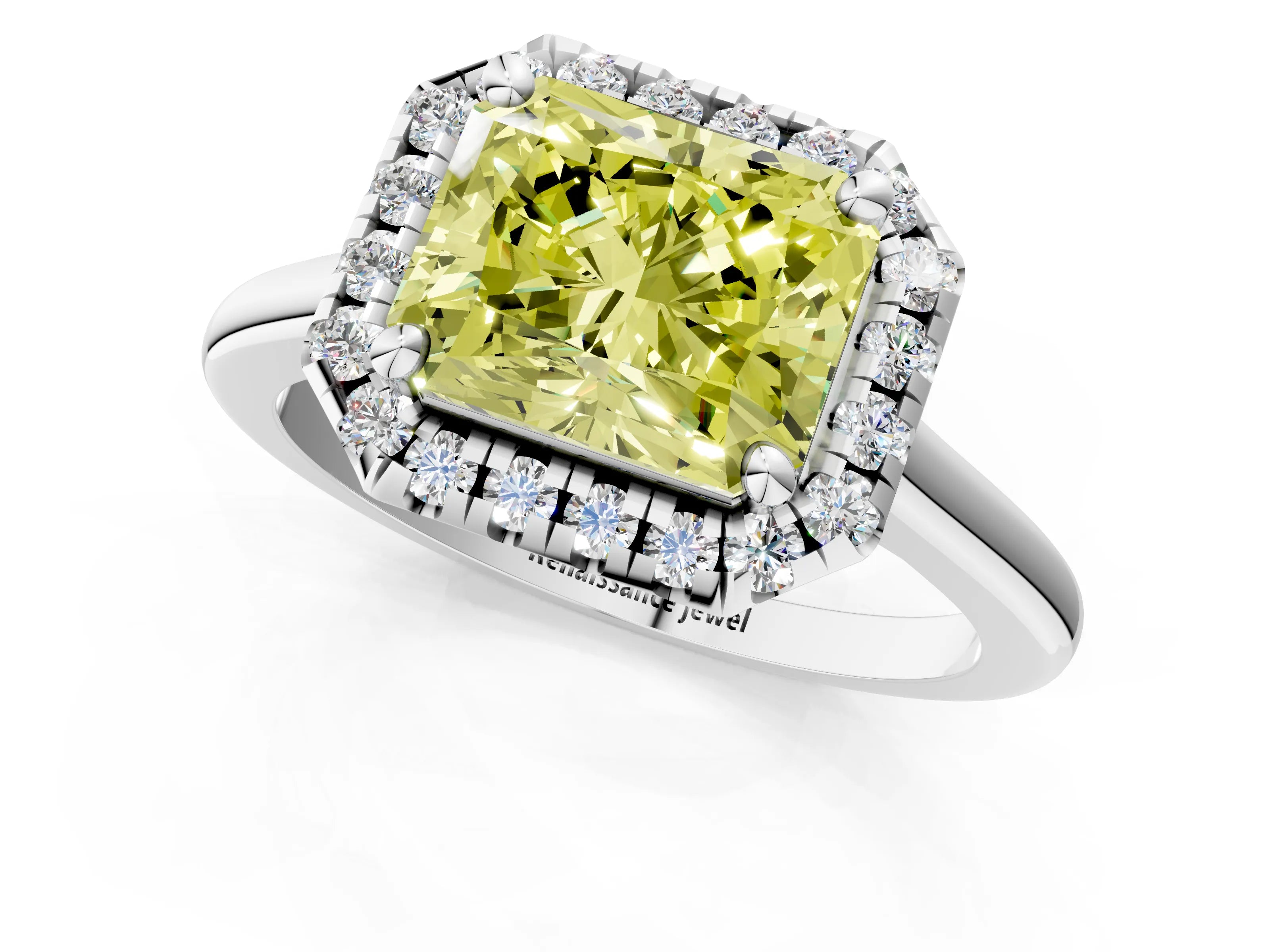 White gold Fancy Yellow Radiant Cut Halo Round Diamond Solitaire Engagement Ring with Pave Band and Four-Prong Setting_25