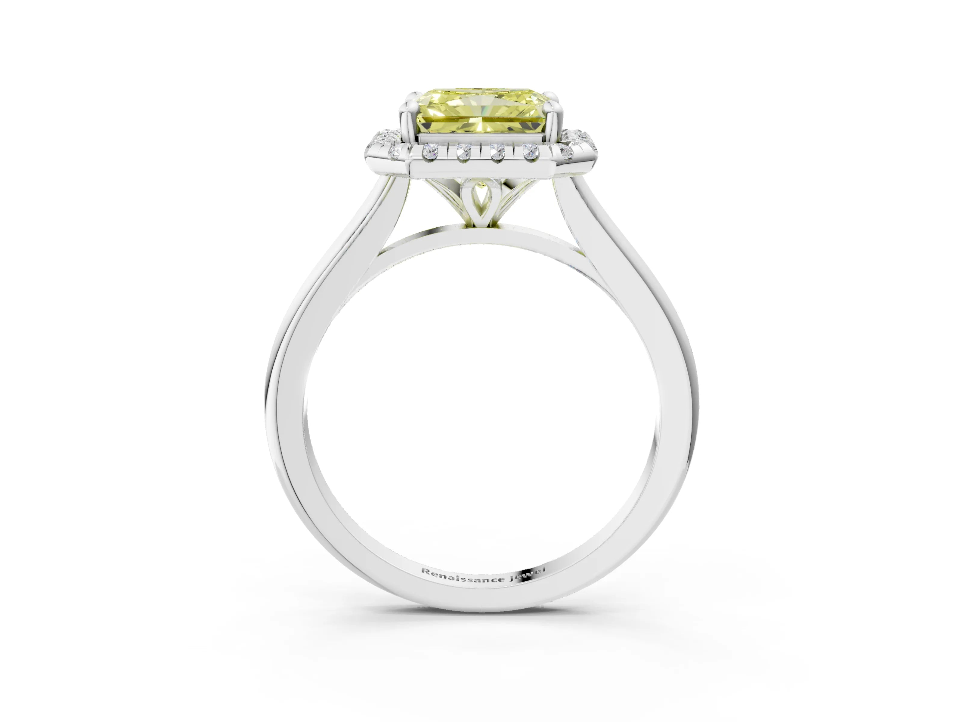White gold Fancy Yellow Radiant Cut Halo Round Diamond Solitaire Engagement Ring with Pave Band and Four-Prong Setting_27