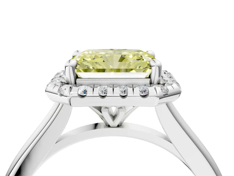 White gold Fancy Yellow Radiant Cut Halo Round Diamond Solitaire Engagement Ring with Pave Band and Four-Prong Setting_28