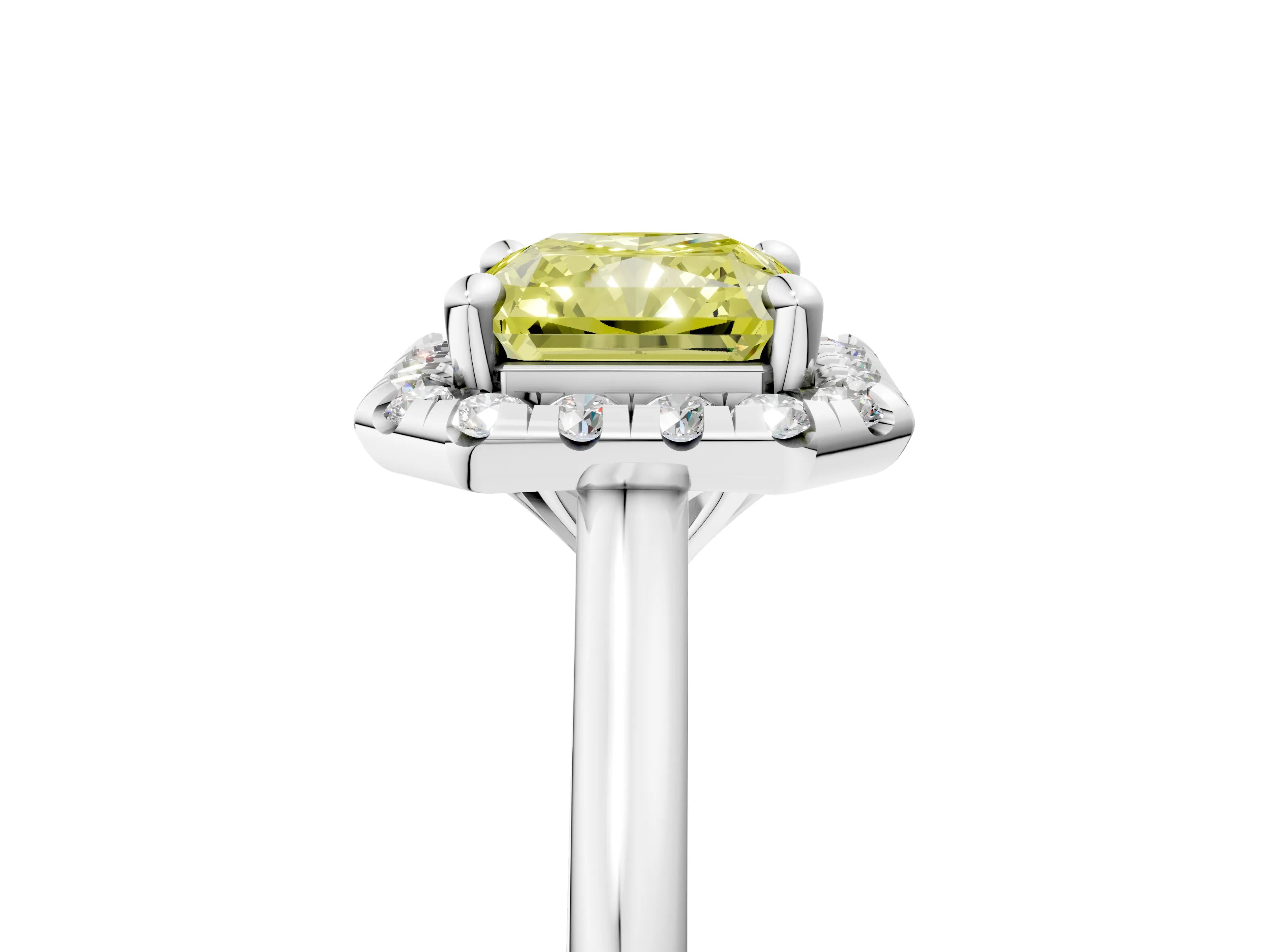 White gold Fancy Yellow Radiant Cut Halo Round Diamond Solitaire Engagement Ring with Pave Band and Four-Prong Setting_29