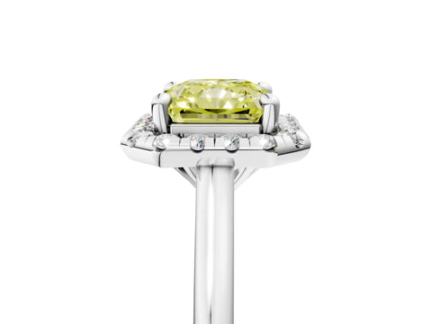 White gold Fancy Yellow Radiant Cut Halo Round Diamond Solitaire Engagement Ring with Pave Band and Four-Prong Setting_29