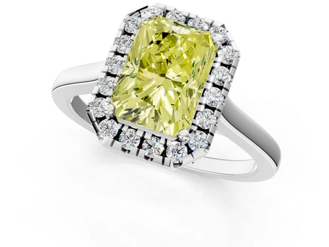 White gold Fancy Yellow Radiant Cut Halo Round Diamond Solitaire Ring with Pavé Band and Four-Prong Setting_1