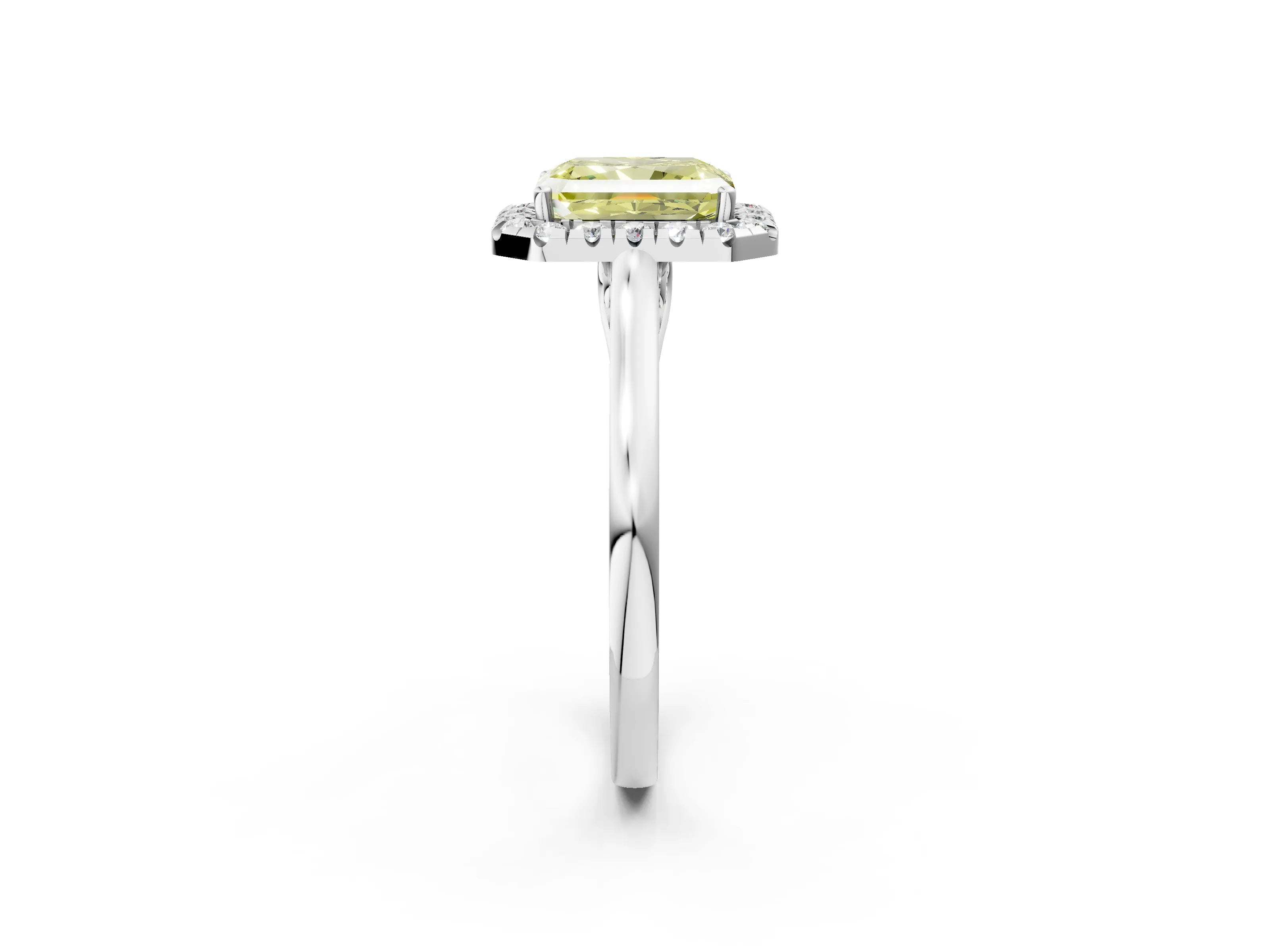White gold Fancy Yellow Radiant Cut Halo Round Diamond Solitaire Ring with Pavé Band and Four-Prong Setting_2