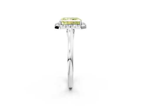 White gold Fancy Yellow Radiant Cut Halo Round Diamond Solitaire Ring with Pavé Band and Four-Prong Setting_2