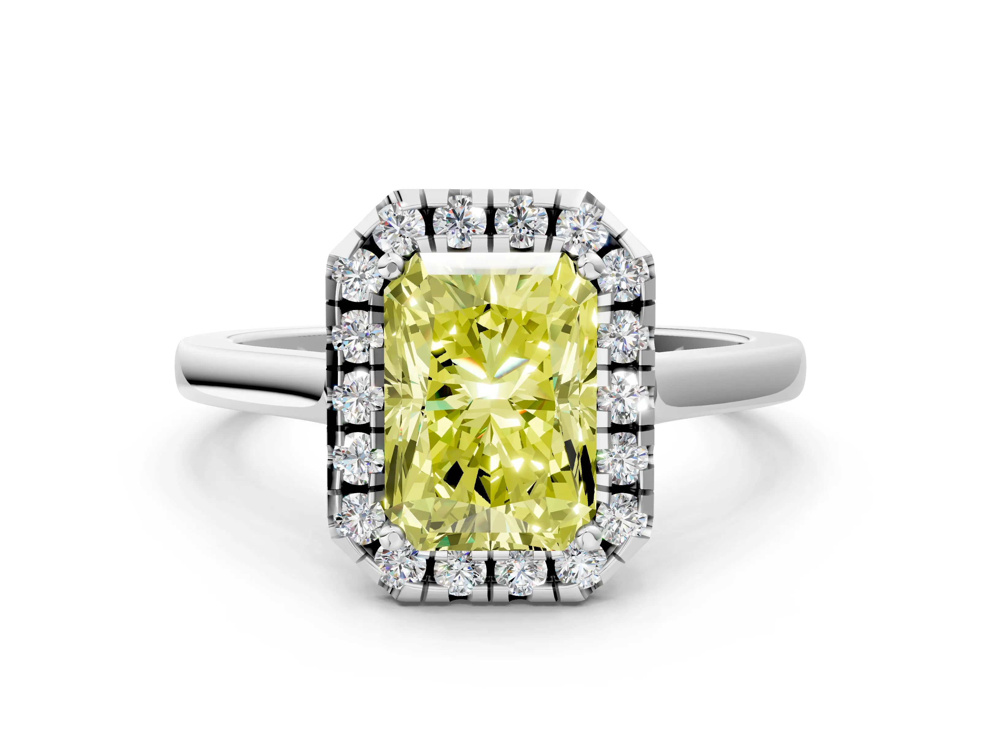 White gold Fancy Yellow Radiant Cut Halo Round Diamond Solitaire Ring with Pavé Band and Four-Prong Setting