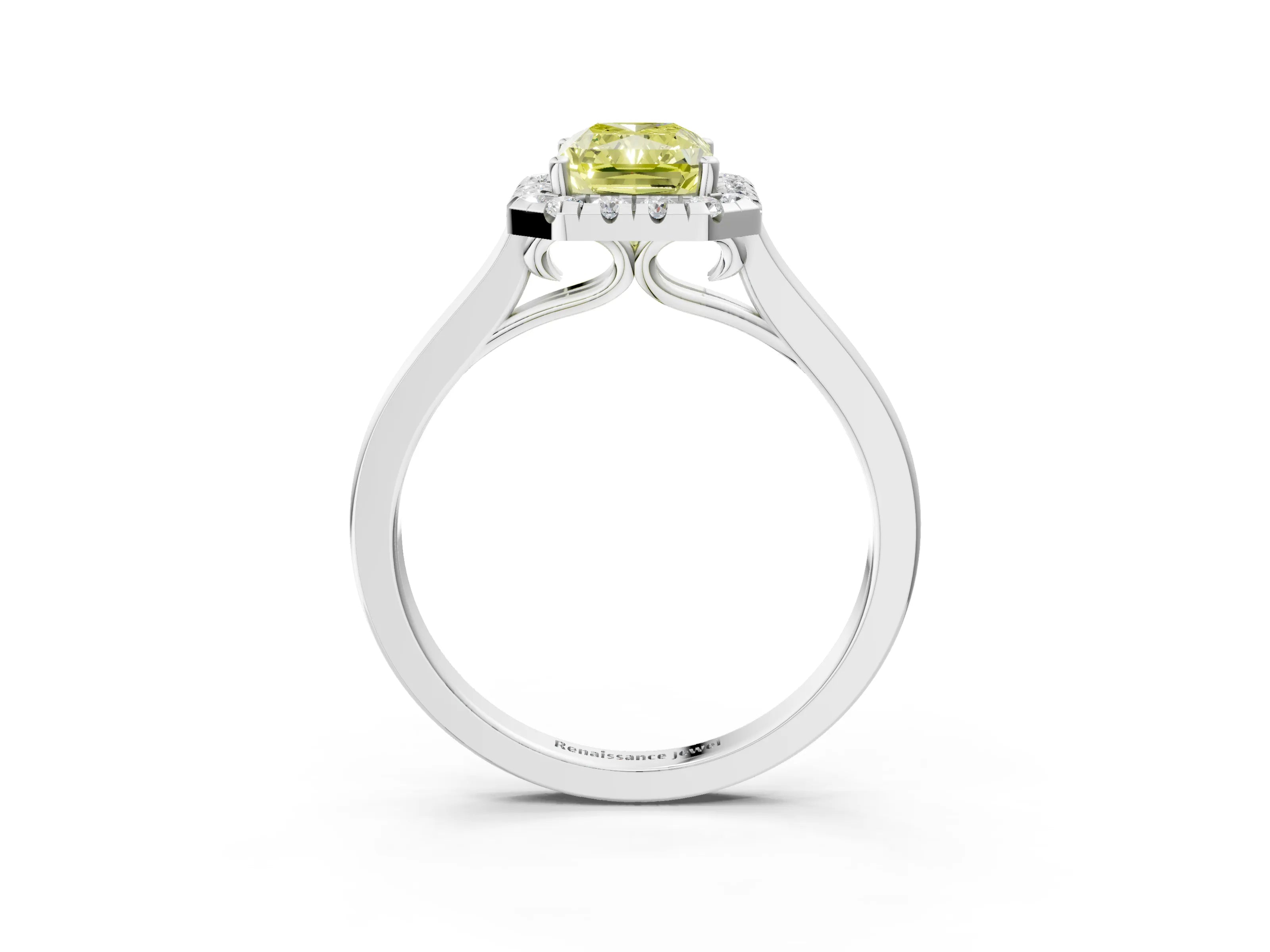White gold Fancy Yellow Radiant Cut Halo Round Diamond Solitaire Ring with Pavé Band and Four-Prong Setting_3