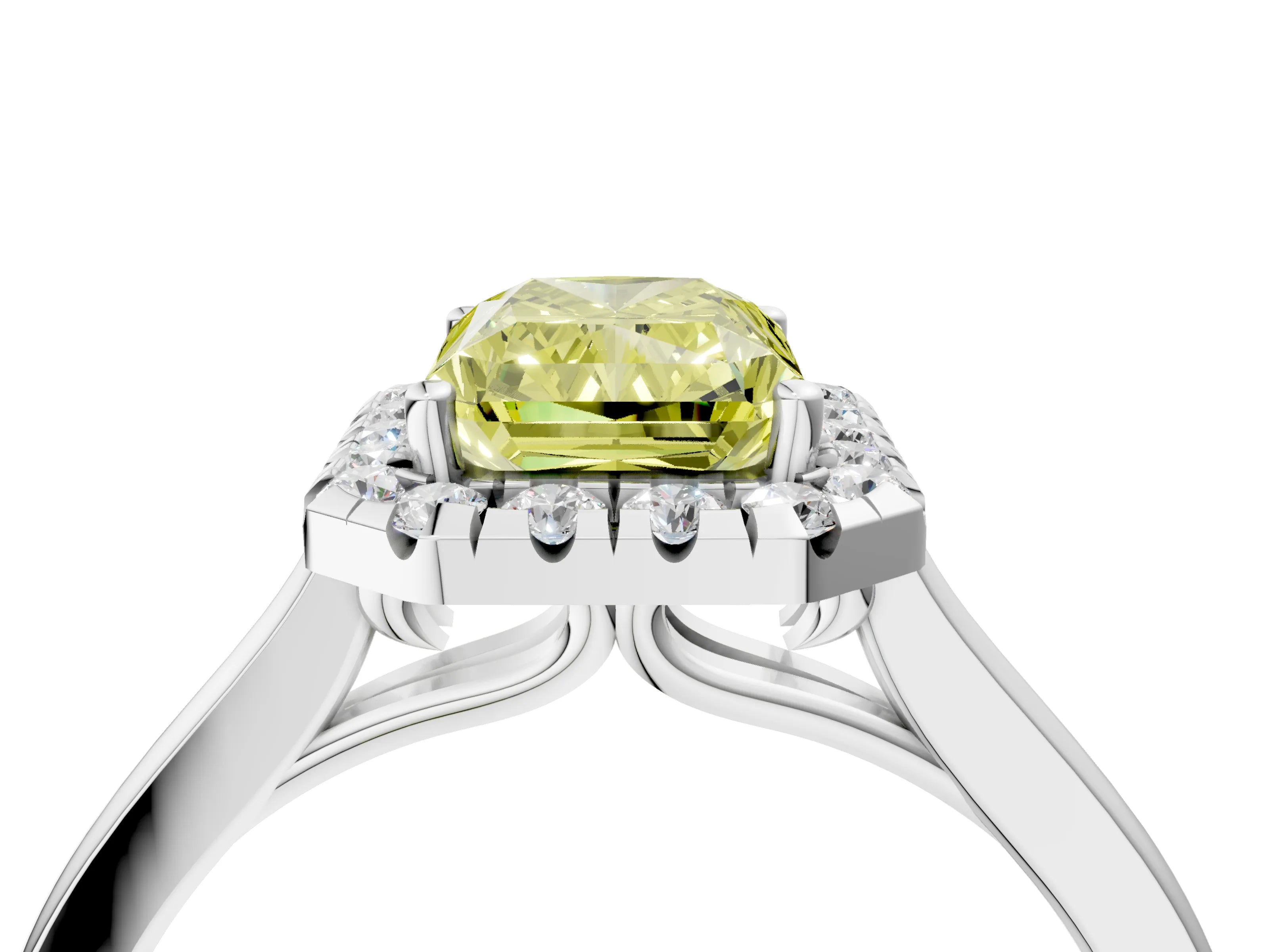 White gold Fancy Yellow Radiant Cut Halo Round Diamond Solitaire Ring with Pavé Band and Four-Prong Setting_4