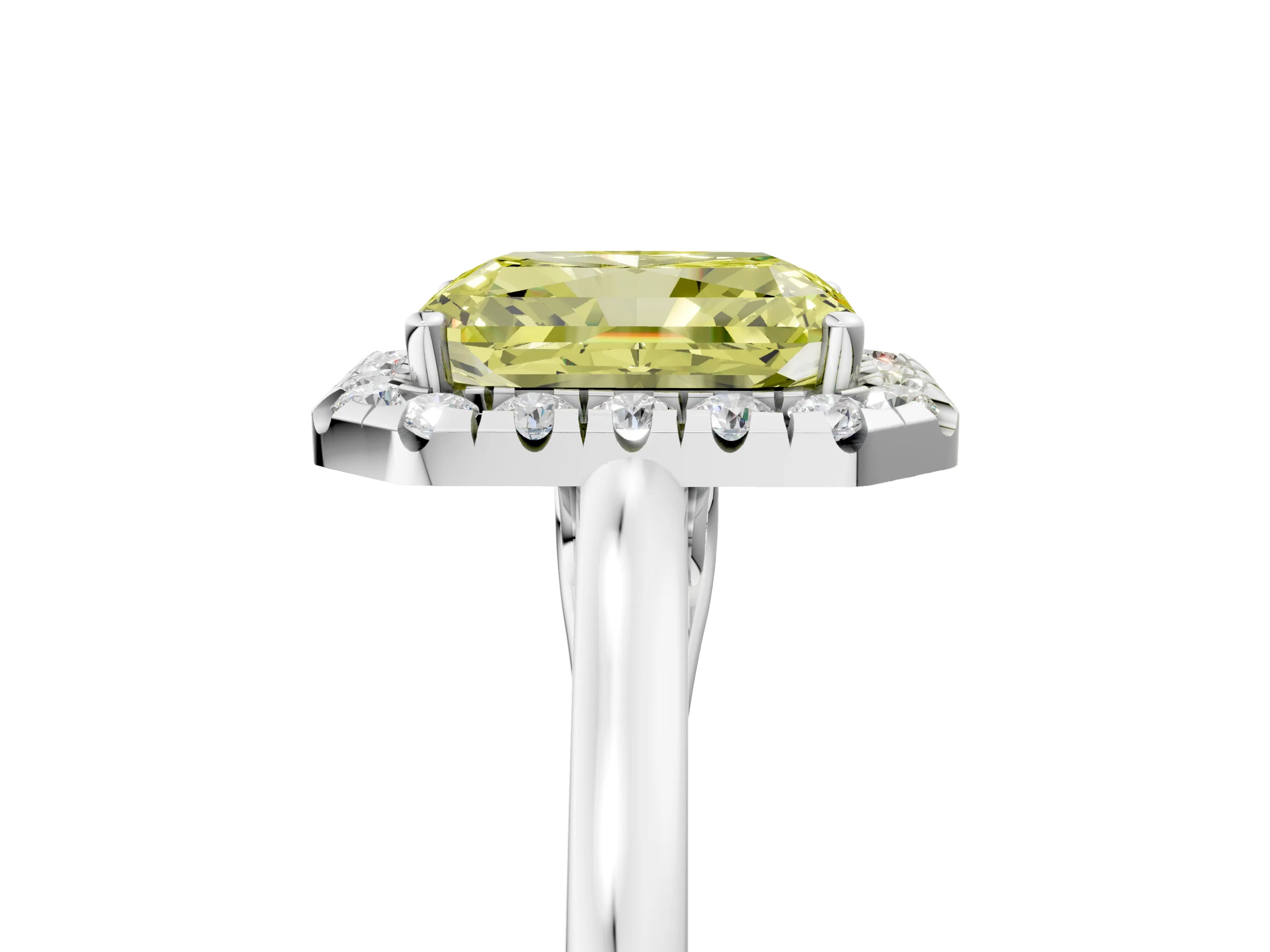 White gold Fancy Yellow Radiant Cut Halo Round Diamond Solitaire Ring with Pavé Band and Four-Prong Setting_5