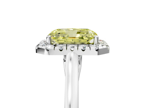 White gold Fancy Yellow Radiant Cut Halo Round Diamond Solitaire Ring with Pavé Band and Four-Prong Setting_5