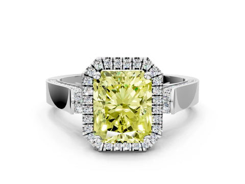 White gold Fancy Yellow Radiant Cut Halo Round Diamond Twist Band with Four-Prong Setting