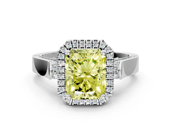 Platinum Fancy Yellow Radiant Cut Halo Round Diamond Twist Band with Four-Prong Setting