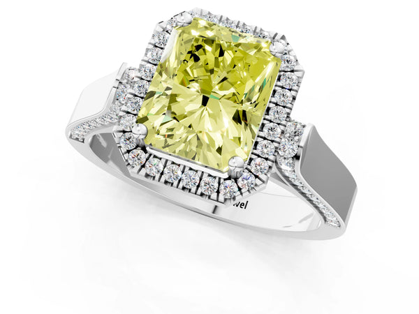 Platinum Fancy Yellow Radiant Cut Halo Round Diamond Twist Band with Four-Prong Setting